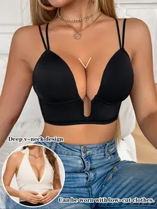 Women's Sexy Deep V Low Back Bra, Dual Shoulder Strap Design, Push-Up, Fashionable Single Piece, Perfect for Stylish