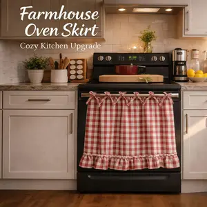 Rustic Oven Curtain, Plaid Design with Ruffle Tie, Kitchen Decor, Oven Stove Cover, Cabinet Panel, Refrigerator Cover, Breathable Fabric