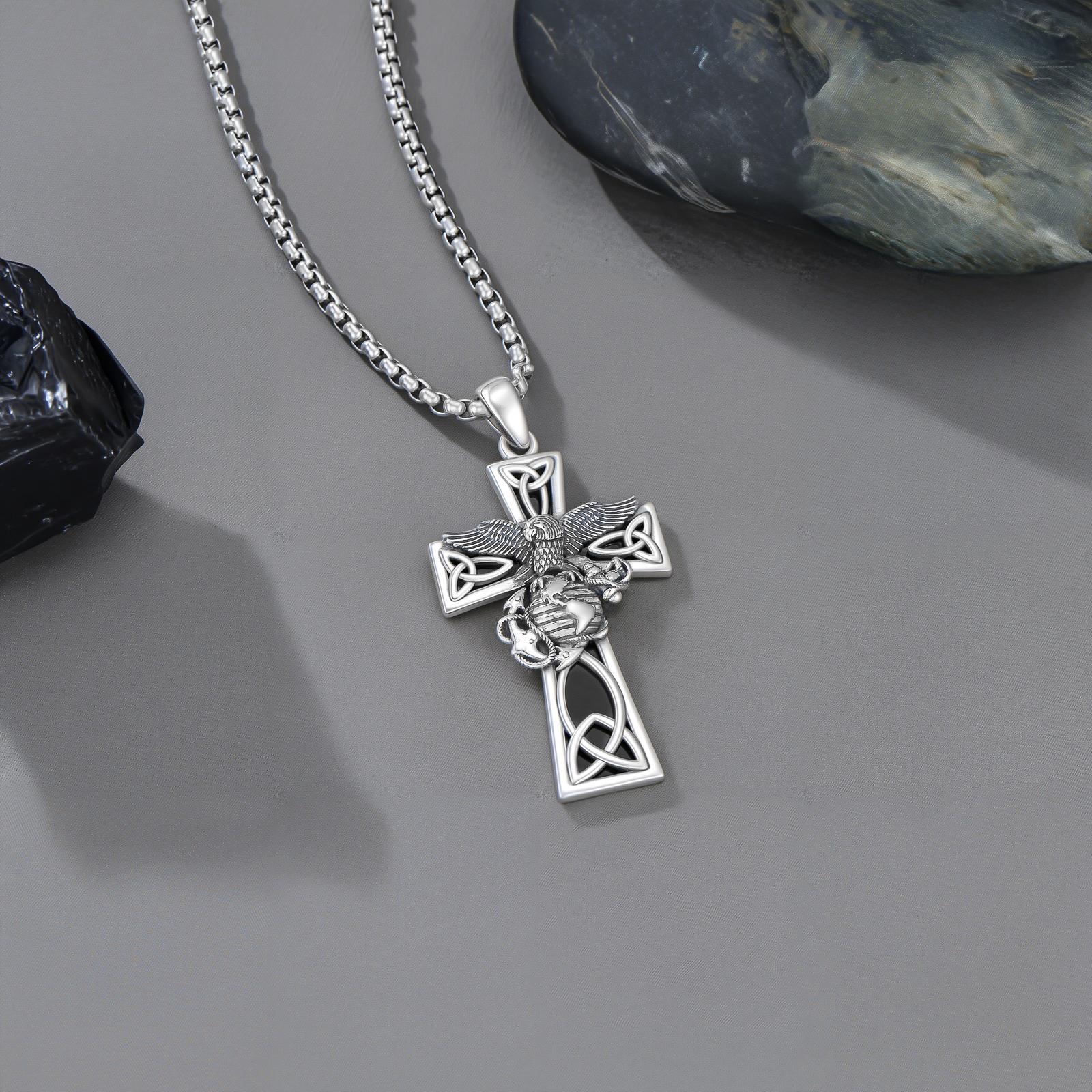 MEIDERBO Signet Style Black Onyx Necklace for Men 925 Sterling Silver Oxidized Finish Marine Corps Stainless Steel Bead Chain 22+2 Inch Men's Jewelry Gift