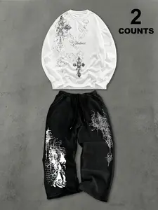 Men's Fashion Casual Two-Piece Set, Soft Comfort Round Neck Long Sleeve and Drawstring Straight Leg Pants, Spring Fall Winter Home Wear