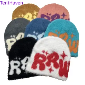 2026 new mink wool knitted jacquard hat, European and American autumn and winter warm plush hat