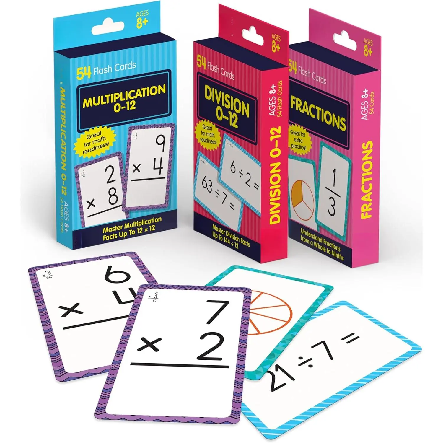 Carson Dellosa Division, Fractions, and Multiplication Flash Cards, 3 Sets of Flashcards, Math Games for Kids 8-12, 3rd Grade Mathematics Practice and Up
