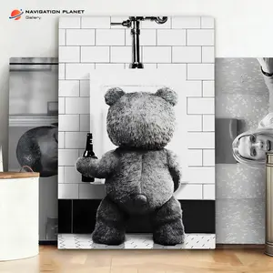 Wooden Framed Canvas Painting, Cheeky Bear at Urinal Black & White Poster, Modern Art, Fashion Poster, Living Room Bedroom Bathroom Decoration, Office Mural, Ornaments, Artistic