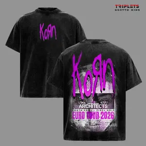 Korn Euro Tour 2026 Vintage Washed Tee, Purple Logo Gothic Graphic T-Shirt, Grunge Rock Band Streetwear Shirt, Oversized Acid Wash Cotton Tee Unisex Music Fan Gift 9V7