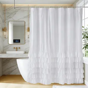 French Country Vintage Layered Ruffled Shower Curtain, Bathroom Decor Curtains, Ideal Bath Decoration Accessory for Windows, Curtains, Wardrobe