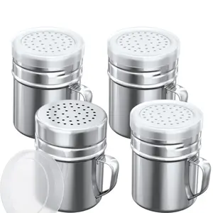 10oz Stainless Steel Salt Pepper Dredge Shakers - With Plastic Cap - With Handle - Pack of 4