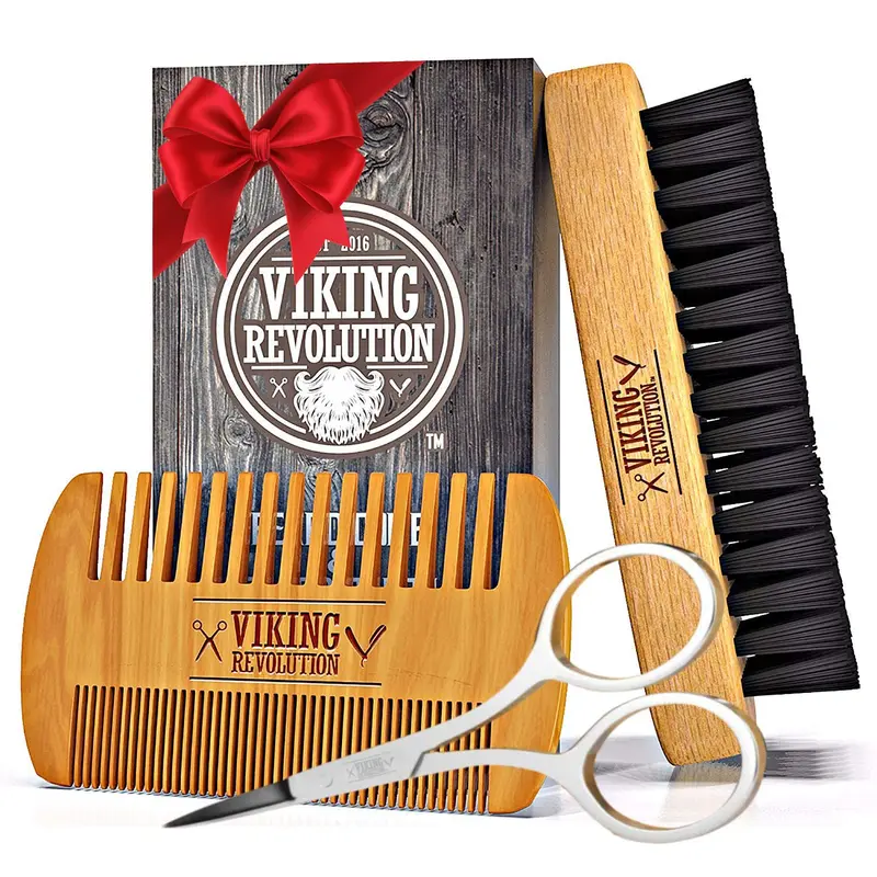 Viking Revolution Beard Care Kit for Men Complete Grooming Set with Bamboo Brush & Double-Sided Comb in Velvet Travel Pouch 100% Natural Materials Eco-Friendly Compact