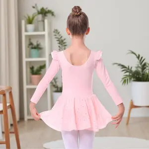 L-L07  Toddler Girls Ballet Leotard Dress - Elegant Long Sleeve Tutu Outfit with Glitter Skirt for Sparkle & Shine
