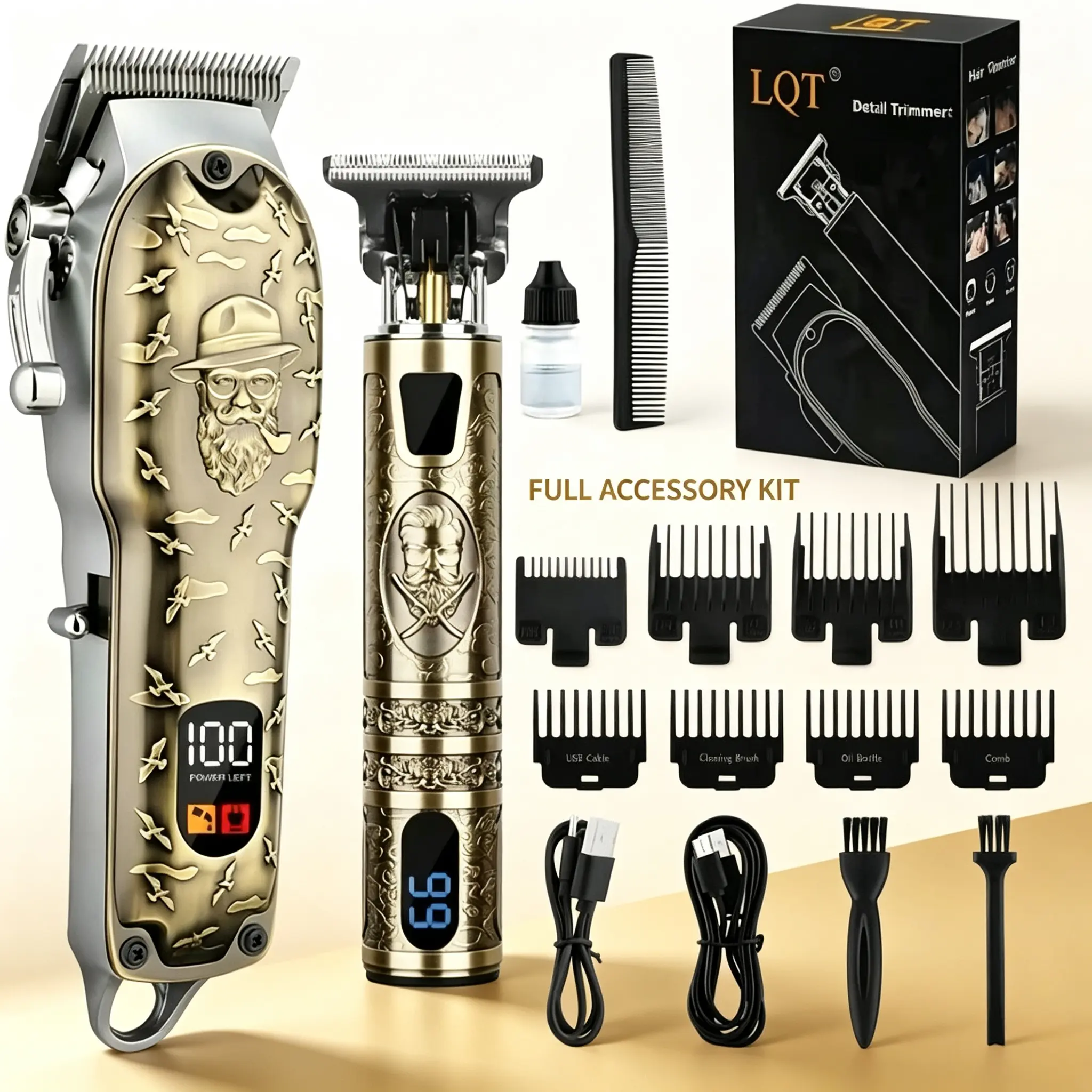 Men's Professional Vintage Embossed Hair Clipper & Trimmer Set, USB Rechargeable Cordless Barber Grooming Kit, Home Hair Cutting Tool with Multiple Guide Combs