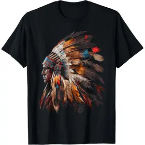 GJER SHOP 100% Cotton Native American Indian Headdress Graphic T-Shirt for Men Women Menswear Top Round Neck Shortsleeve Streetwear