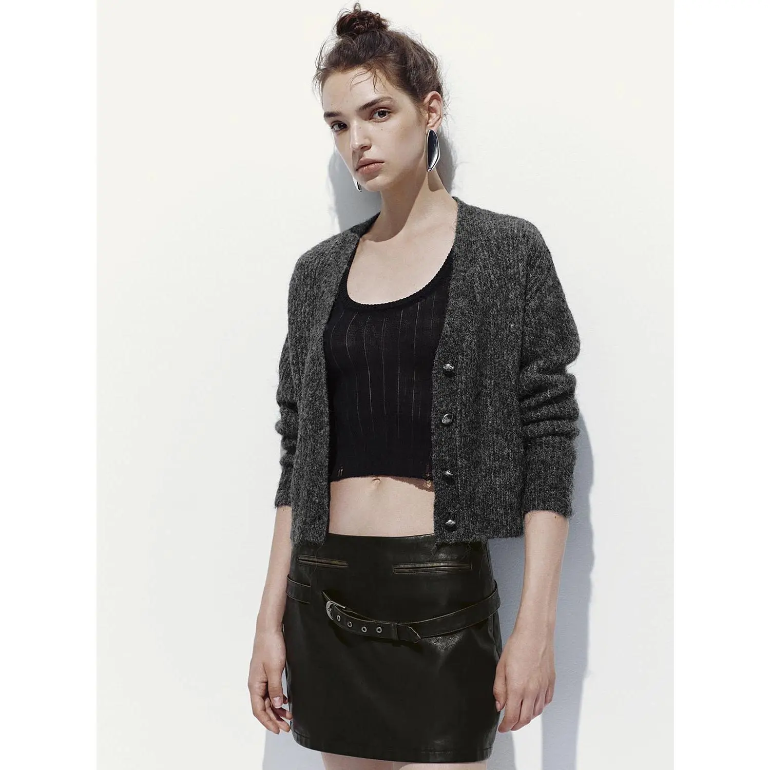 Women's Knitwear Cardigan, Cropped V-Neck Style in Fuzzy Fabric, Long Sleeve Open Front with Metal Buttons, Fitted, Sweater, Short, Polyamide, Urban Cropped, Full Sleeves, Acrylic, Breathable, Casual, Comfortable, Tops