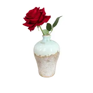 White Terracotta Two-Tone Ceramic Bud Vase - Distressed White Glazed Pottery Vase with Sandy Base