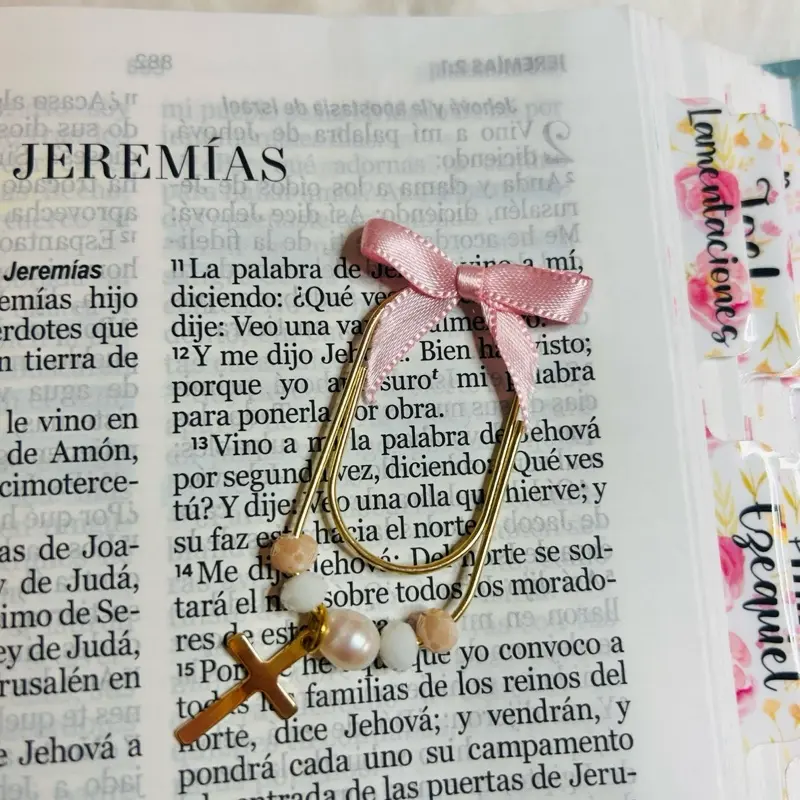 Pink Bow Cross Paperclip Bookmark with Gold Clip Soft Pink Bow Delicate Beads and Tiny Cross Charm for Daily Devotionals Gifting or Faith Inspired Reading