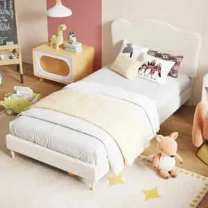 Upholstered Twin Size Bed Frame for Kids with Scallop Headboard, Cute Velvet Twin Bed for Girls, Boys, Sturdy Platform Bed, No Box Spring Needed, Wooden Slats, Noise Free, White