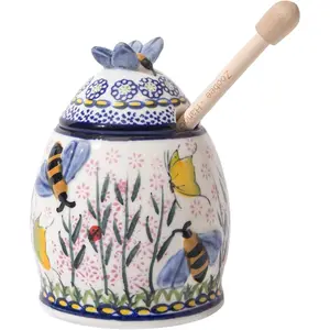 10oz Ceramic Honey Pot with Dipper and Lid Handpainted Bee-Themed Honey Dispenser Dishwasher-safe Honey Jar for Kitchen-Lavender Allure