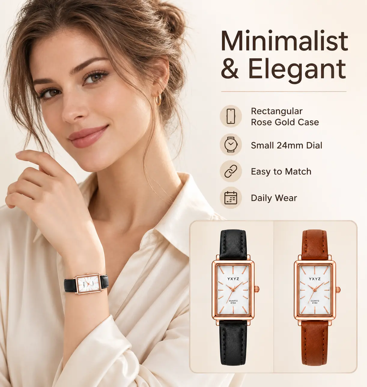 Elegant Vintage Rectangle Womens Quartz Watch Rose Gold Case Minimal Scale Dial Black Brown Leather Strap Casual Daily Ladies Square Wristwatch Gift