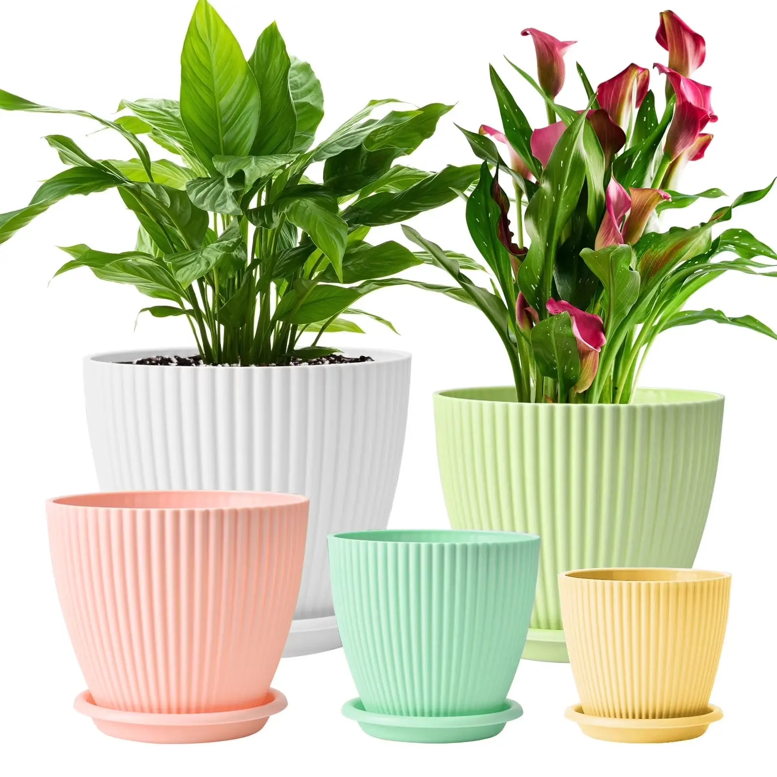 5 Pack Plastic Plant Pots with Drainage Holes and Saucer Trays 4.1 to 7.5 Inch Multicolor Modern Striped Planters for Indoor Outdoor Plants