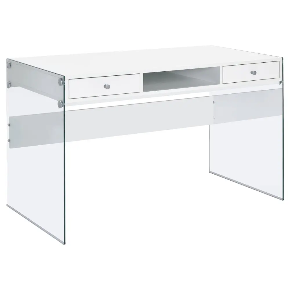 Dobrev 48-in Contemporary Tempered Glass Writing Desk, White High Gloss, 2-Drawer Computer Desk for Study Setup