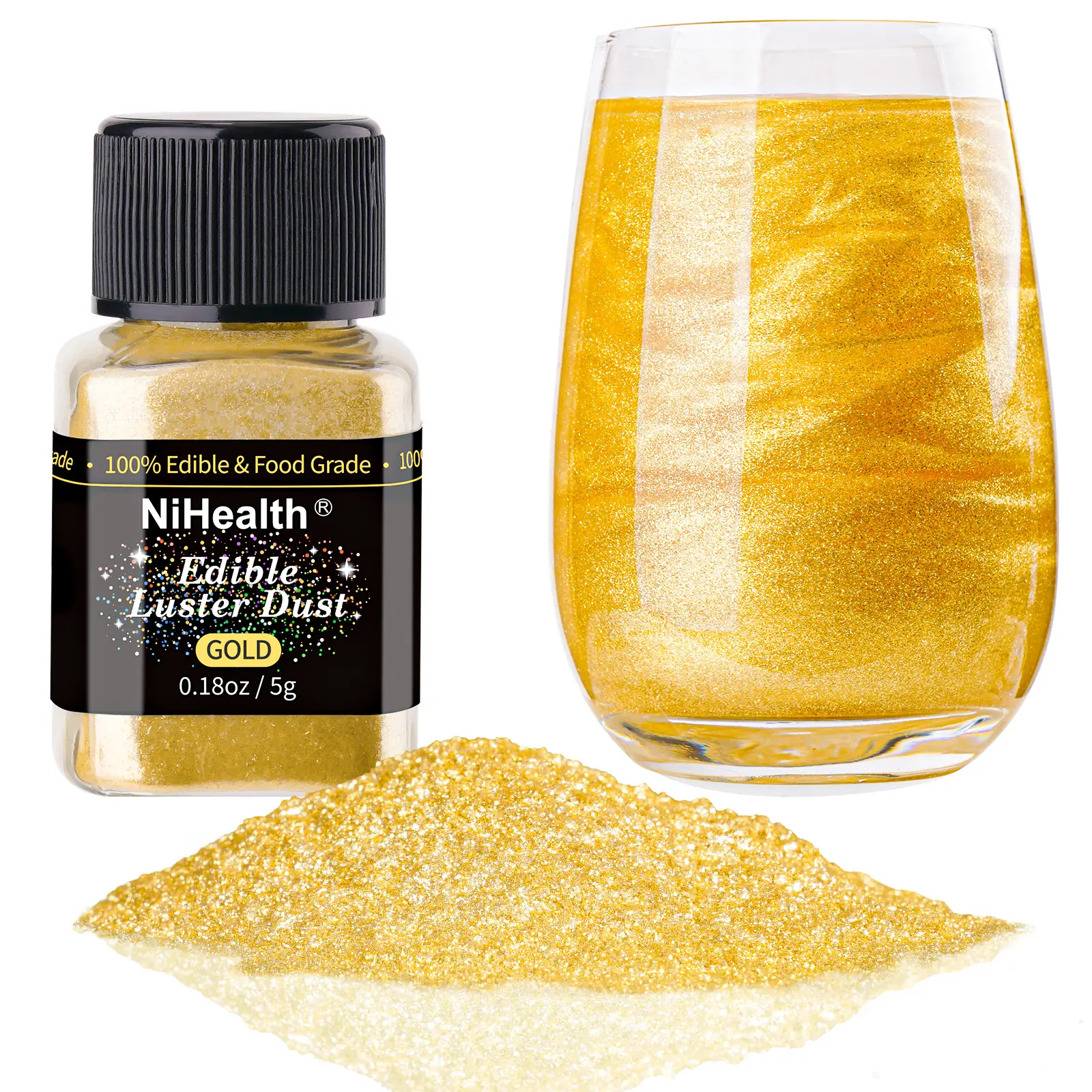 Golden NiHome Edible Food-Grade Glimmer Powder Glitter Luster Dust Metallic Food Decorating Sprinkle Glimmery Dust for Drink Wine Beverage Cake Candy Dessert Bakery Restaurant Vegan