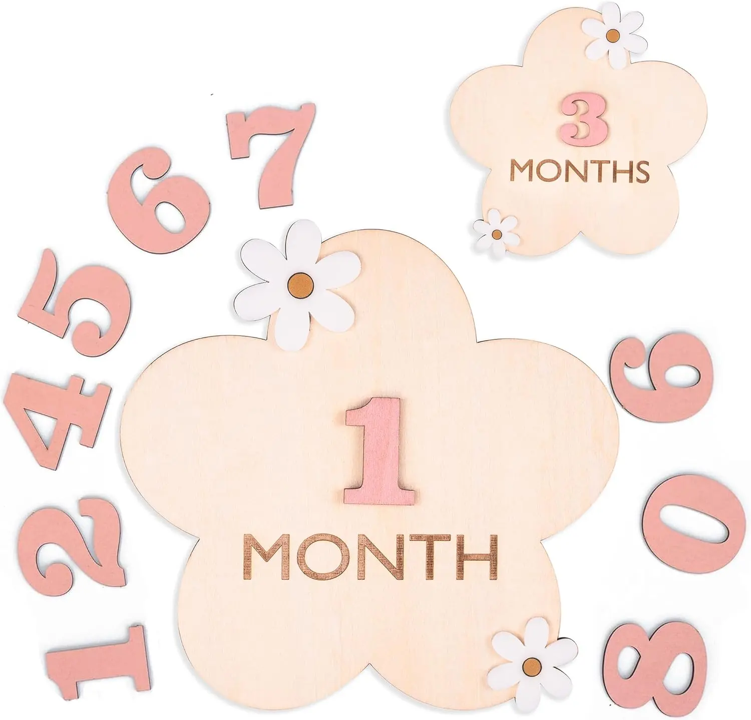 Engraved Monthly Milestone Wooden Discs Set - 12 Interchangeable Number Photo Props, Flower Design, Milestone Card Set for Parents, Baby Growth Recording, Happy Birthday, Baby Shower