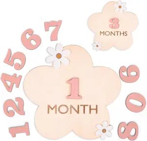 Monthly Milestone Wooden Discs Set of 12 Interchangeable Number Photo Props for Growth Recording  Flower Design
