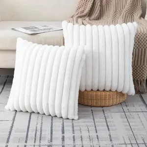 Set of 2 Faux Fur Plush Cream White Throw Pillow Covers Fluffy Striped Pillowcase Cushion Covers 18 x 18 Inch Decor Sofa Couch Bedroom