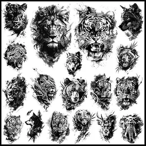 18 Pcs Realistic Tiger Bear Lion Wolf Temporary Tattoos for Men Adults - Black Fake Animals Tattoo Stickers for Men Women Adult Body Art Arm Chest Shoulder Waterproof Long Lasting