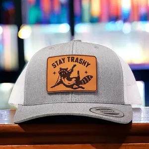 Stay Trashy Hat, Funny Trucker Hat, Raccoon Hat, Cute Hat for Women, Real Leather Patch Hat