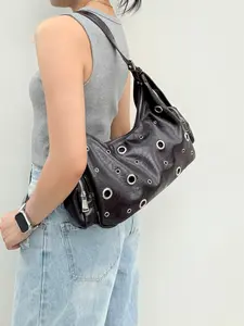 Women's Punk Style Rivet Hole Tot Bag, Fashionable Urban Shoulder Crossbody Bag, Metal Hole Design, All Seasons Motorcycle Bag