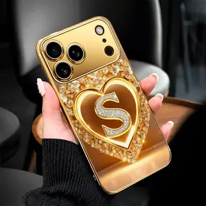 Luxurious gold diamond heart-shaped S-letter tempered glass phone case, personalized and trendy, suitable for iPhone 17/17Pro/17ProMax/17Air, iPhone 16/16Pro/16ProMax/16Plus, 15/15Plus/15Pro/15ProMax, 14/14Plus/14Pro/14ProMax, 13/13Pro/13ProMax, 12/12Pro/