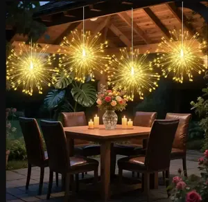 Set of 4 solar powered hanging firework lights, smart LED string lights made of copper wire, with 8 adjustable blink modes, for outdoor and garden use