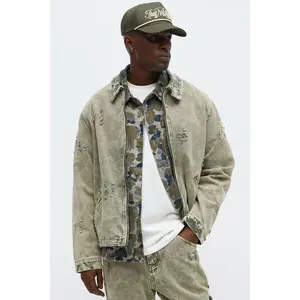 Relaxed Distressed Frayed Work Jacket - Olive
