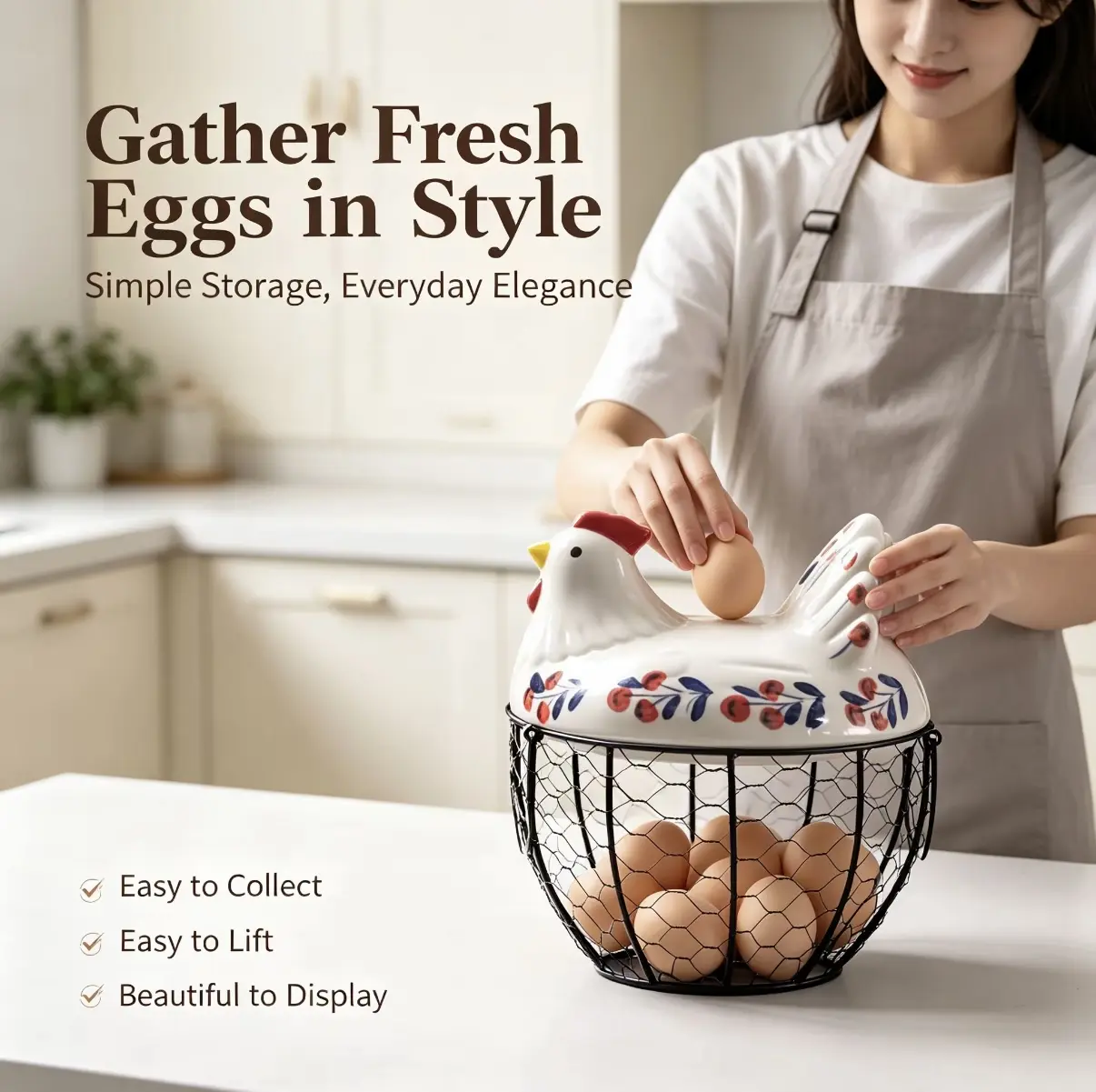 Chicken Egg Basket, Farmhouse Egg Storage Basket with Handle, Decorative Metal Egg Holder Organizer for Kitchen Counter, Rustic Home Storage