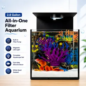 2.8 Gallon All-in-One Filter Aquarium with Aquascape Decor, Artificial Plant Fish Tank for Office