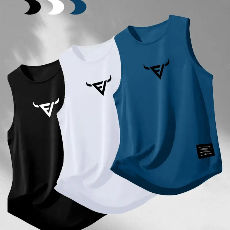 Men's Summer Casual Graphic Print Sleeveless Vest, Fitted Knit Fabric, Breathable, Moderate Thickness, Age 13-17, China Origin, Non-Sensitive Goods, Style: Casual, Sleeveless Muscle Shirt, Breathable Sleeveless Design