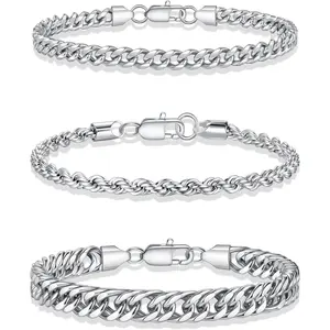 Stackable Bracelets Set for Men Non Tarnish - Stainless Steel Bracelet Stack Rope Figaro Paperclip Cuban Link Chain Bracelets Sets for Men  Gifts 7.5/8.3/9.0 Inches