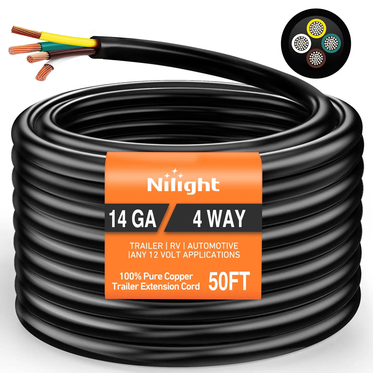 Nilight 50 Feet 4 Way Trailer Wire Extension Cable 14 Gauge 4 Conductor | 100% Pure Copper Insulated Heavy Duty Weatherproof for 4 Pin Blade RV Automotive