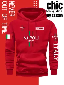 Men's Naples Print Hoodie, Long Sleeve Pullover, Front Pocket, Fall & Winter Streetwear, Comfortable Fashion Casual Wear