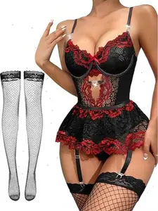 Shinyyep Women Lingerie Set Lace Bodysuit High Waisted Underwire Lingerie Babydoll With Garter Belt and Stockings Sexy Lingerie