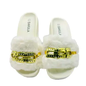 SAKULA Sandals & Flip Flops - White Furry Design with Gold Accents and Crystal Embellishments