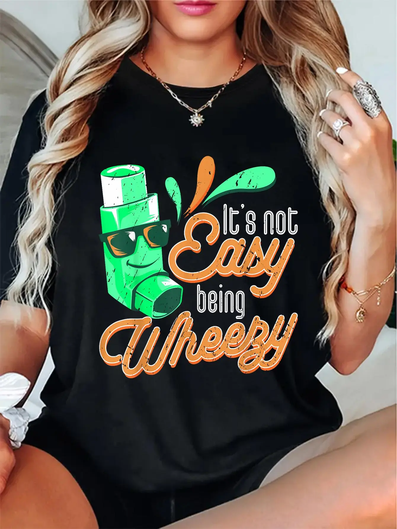 Women's 100% Cotton Short-Sleeve Crew Neck T-Shirt - Unisex Loose-Fitting Digital Print Graphic, COPD Warrior/Asthma Awareness Design, Breathable Comfy All Seasons Party Everyday Wear Top