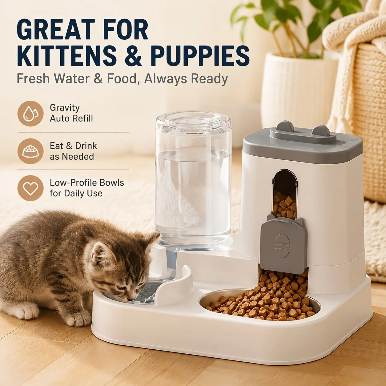 Cat And Dog Automatic 2-in-1 Feeder, Pet Feeder, Non-electric, Space-saving Feeder, High-quality Feeder, Easy to Clean, Sanitary And Convenient, Automatic Distribution, Suitable for Multi-pet Families