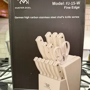 Knife Set, 15 Piece Kitchen Knife Set with Block Self Sharpening, Stainless Steel Dishwasher Safe, Anti-slip Handle, White