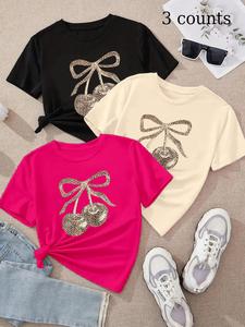 women's leopard cherry & bow print round neck tee, casual crewneck short sleeve t-shirt for daily wear, ladies clothes for all seasons