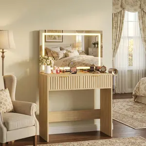 GAOMON Fluted Vanity Desk with Large Mirror and Lights, Makeup Vanity with 2 Drawers, 3 Lighting Modes Adjustable Brightness, Make Up Table for Bedroom, Natural Oak