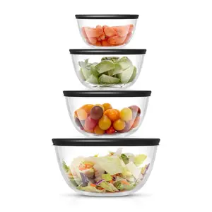 KITCHLY  4 Kitchen Glass Food Mixing Bowls With Lids - Black