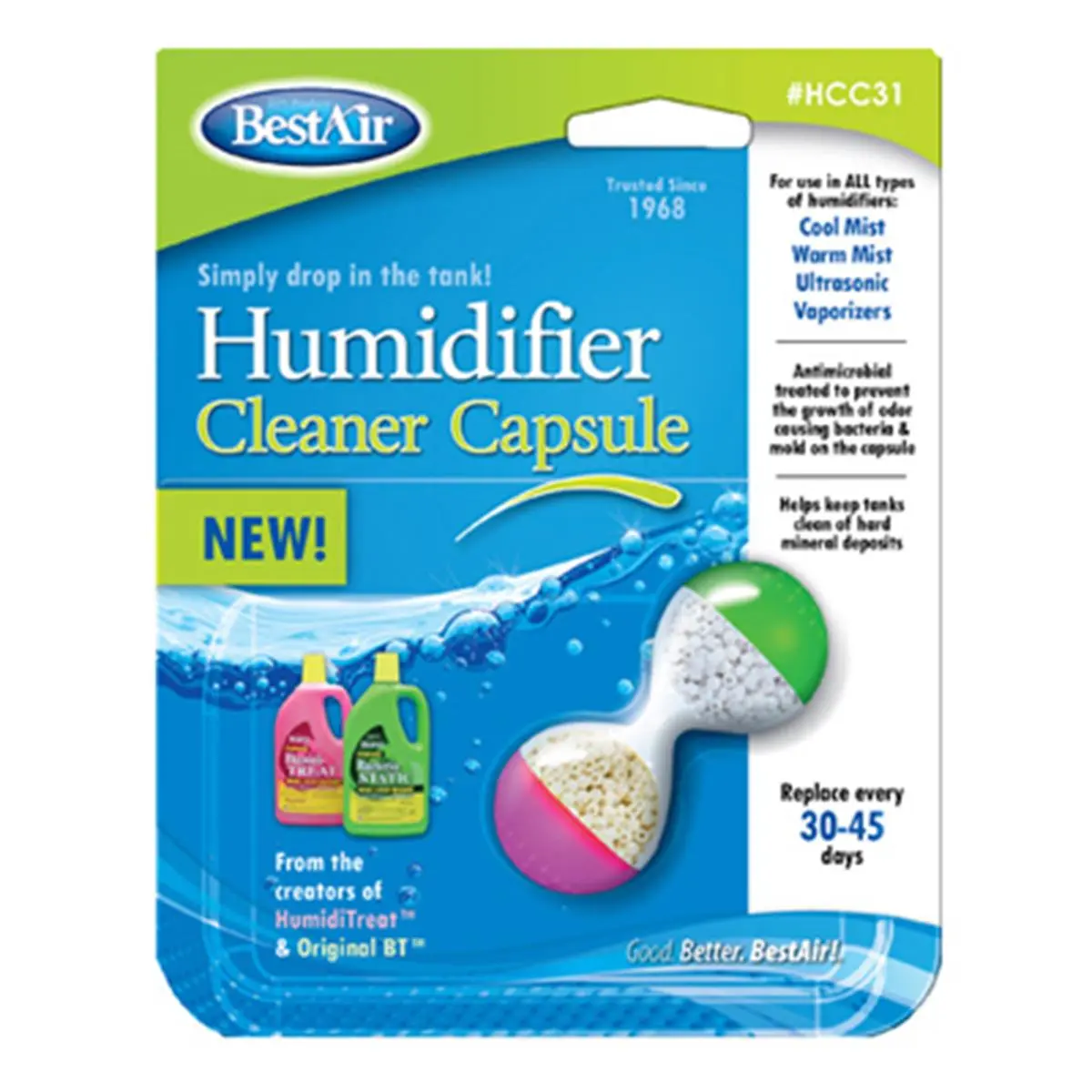 212 MAIN BestAir HCC31 Humidifier Cleaner Capsule, Antimicrobial, Effective Cleaning for Household Humidifier Maintenance, Replacement, Antibacterial