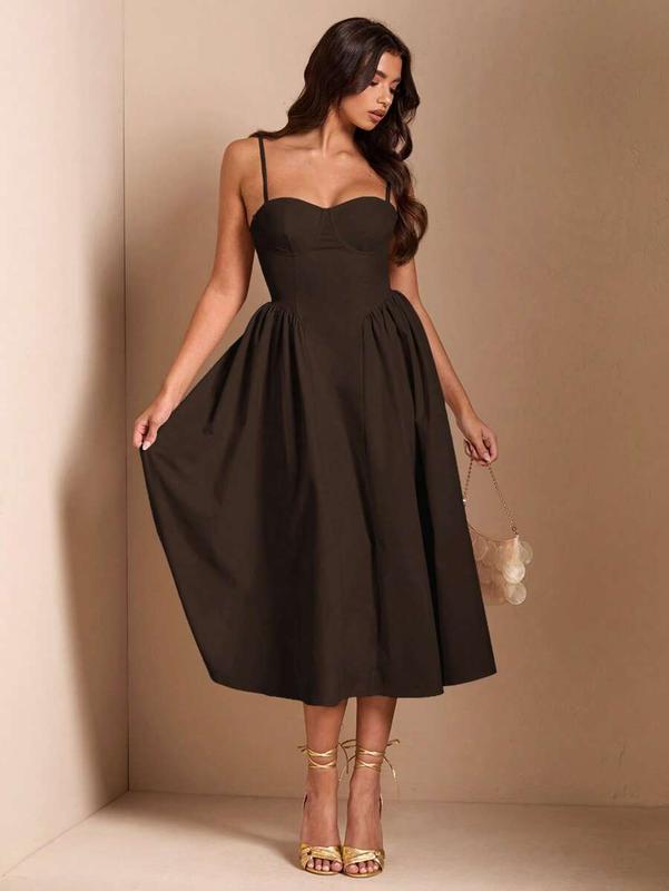 SHEIN BAE Elegant Women Spaghetti Strap Maxi Flare Dress, Suitable For Casual Dating, Outing, Nightclub, Party, Autumn Season,Summer Dresses For Women,Tea Party Dress