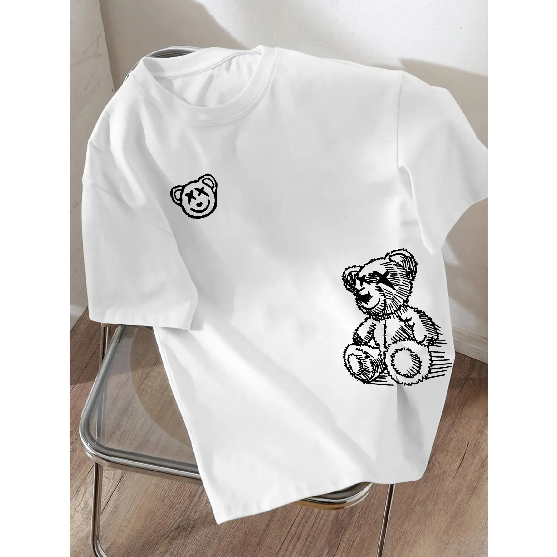 New Boys' Spring/Summer Loose Casual Fashionable Versatile Cool Bear Vacation Star Badge Cartoon Graffiti Letter Pattern Short-Sleeve T-Shirt, Breatha