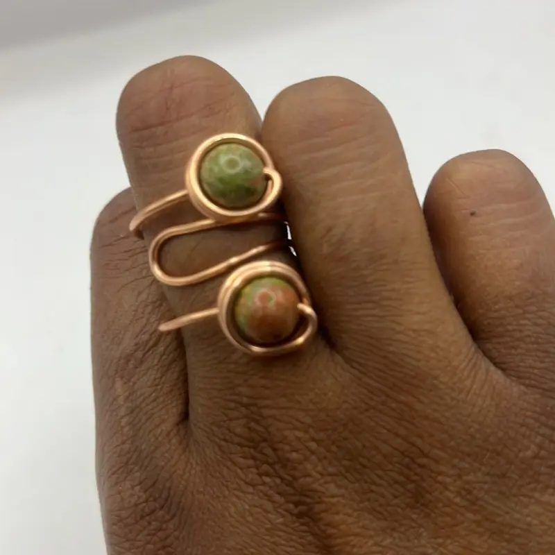 Unakite Adjustable Ring with Green Gemstone - Simple Design and Adjustable Feature